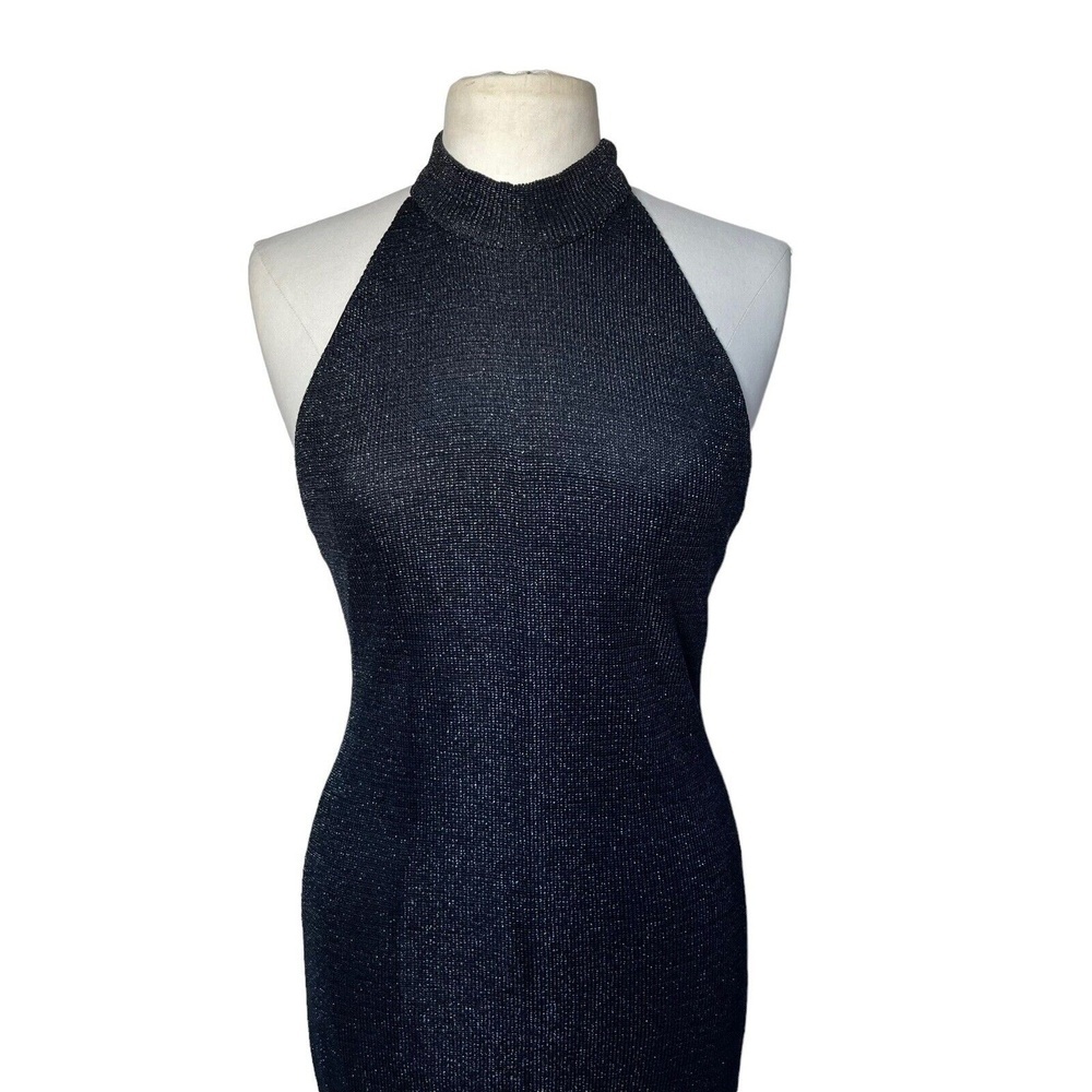 Vintage 80s UNBRANDED Black Halter Dress Long Metallic Knit Shimmering Dinner - Picture 3 of 5